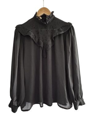 Vintage Romantic Sheer Black Blouse Prairie Goth High Neck Beaded
